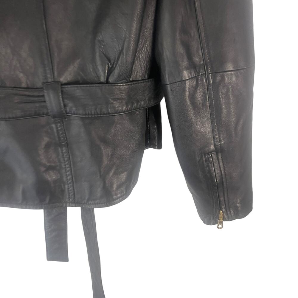 Wilson's Women's Large Vintage 80s Black Leather Moto‎ Biker Belted Jacket Coat - Picture 6 of 10